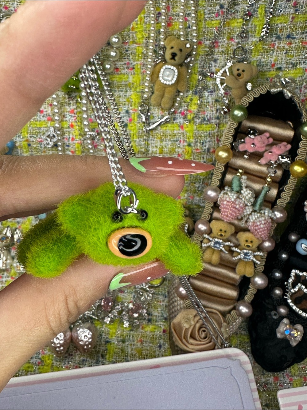 Cute green bear long necklace